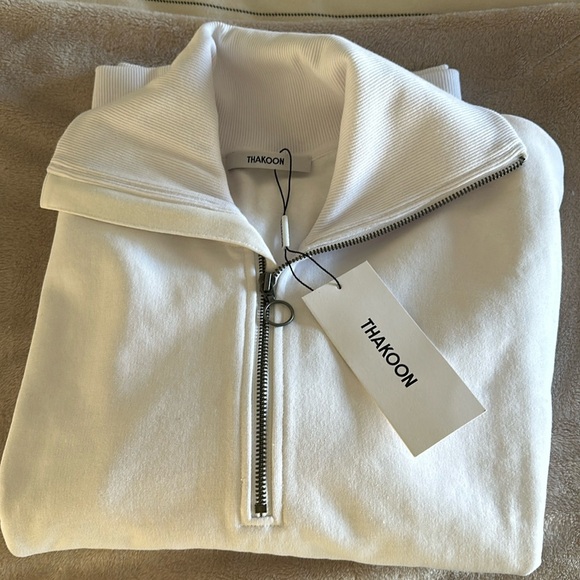 THAKOON 100% Cotton Ribbed Collar Fleece Lined Quarter Zip Sweatshirt (S) BNWT - Picture 1 of 10